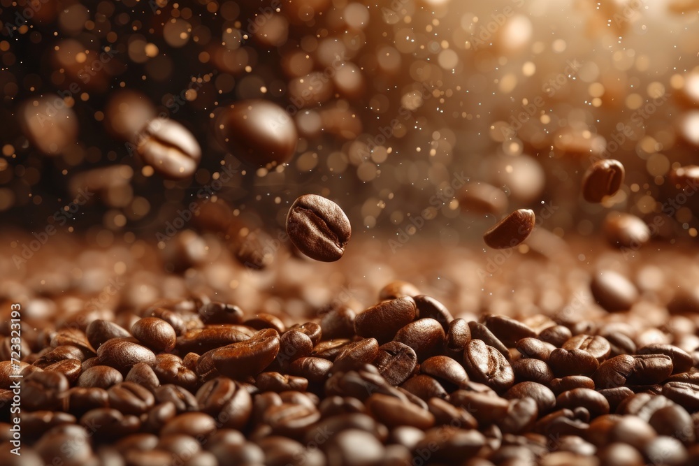 Fresh coffee beans falling at the factory creating a backdrop with empty space Fresh coffee beans falling at the factory creating a backdrop with empty space