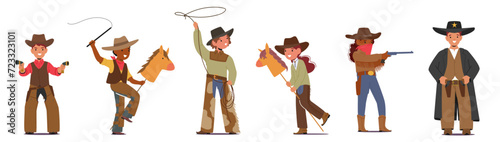 Kids Don Cowboy Hats, Jackets, And Leather Boots, Toy Pistols, Wood Horse or Rope, Embodying Spirit Of Wild West
