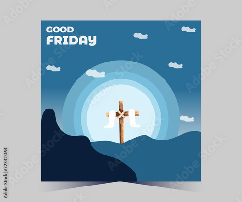 Cross crucifix on hill and bird flying at sunset for good friday vector design