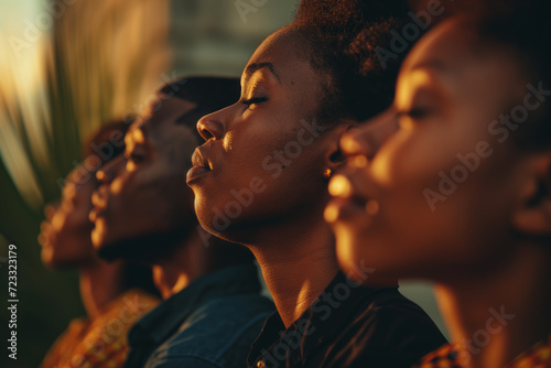 Generative AI illustration of side view on the group serious African American people in a row looking up on sunset photo