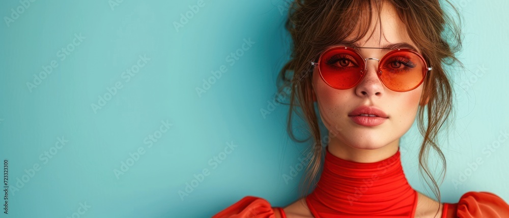  a woman in a red dress and red sunglasses with her hair in 