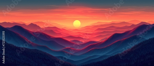  a painting of a mountain range with the sun setting in the distance and the mountains in the foreground with trees in the foreground and the sun setting in the distance.