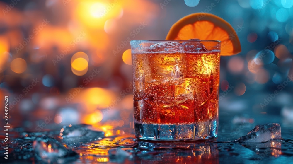  a close up of a drink with an orange slice on the rim and ice cubes on the floor in front of a blurry background of boke of lights.