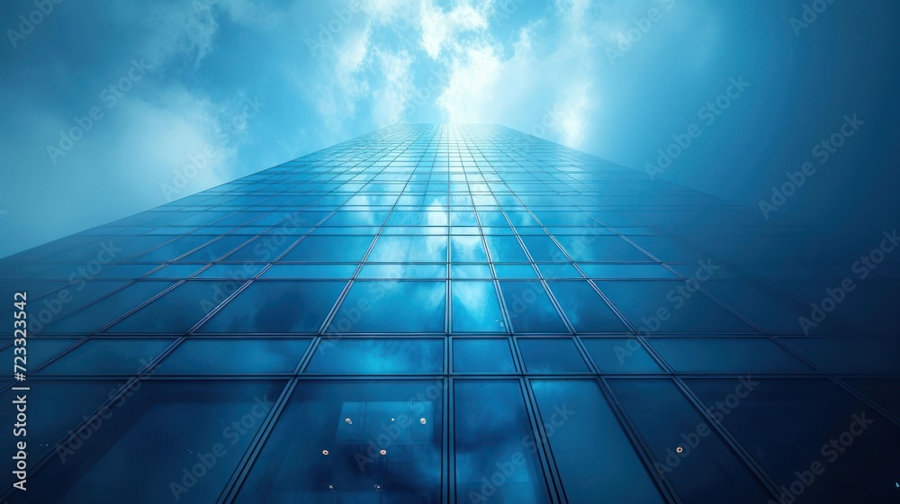 a very tall building with a lot of windows on it's sides and the sky reflecting off of it's windows in the middle of the side of the building. a very tall building with a lot of windows on it's sides and the sky reflecting off of it's windows in the middle of the side of the building.