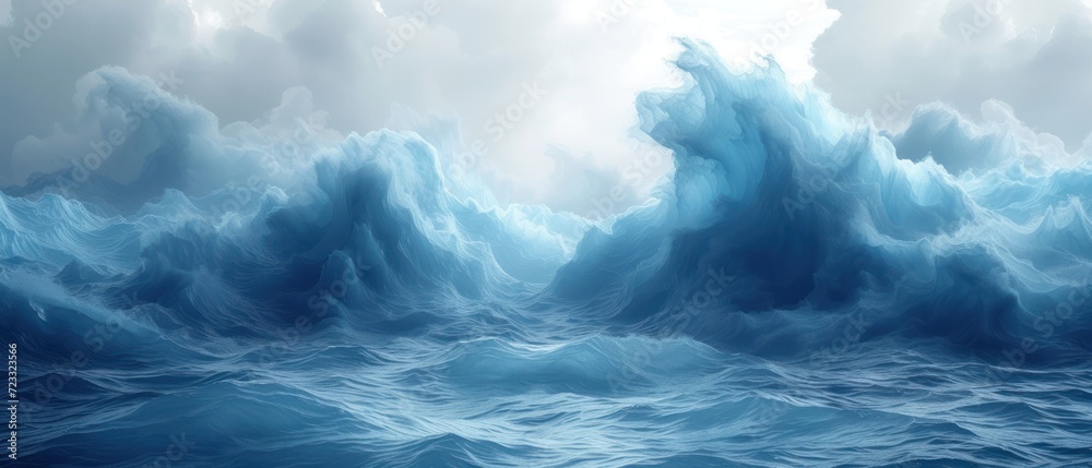  a painting of a large body of water with a large wave in the middle of the water and clouds in the sky above the water is a large body of water.