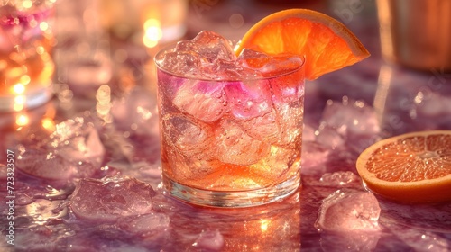  a close up of a drink on a table with ice and a slice of an orange on the side of the glass and another orange on the side of the table.