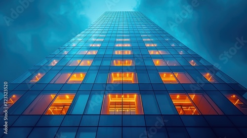  a very tall building with a lot of windows on it's sides and a sky background with clouds in the back ground and a bright light at the top of the building.