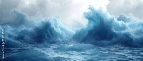  a painting of a large body of water with a large wave in the middle of the water and clouds in the sky above the water is a large body of water.