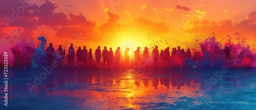  a group of people standing in the middle of a body of water as the sun sets in the background with clouds and water splashing all over the top of them.