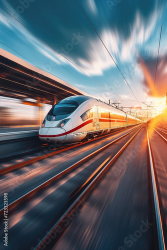 vertical image of High-Speed Train in blurred Motion at Sunset
