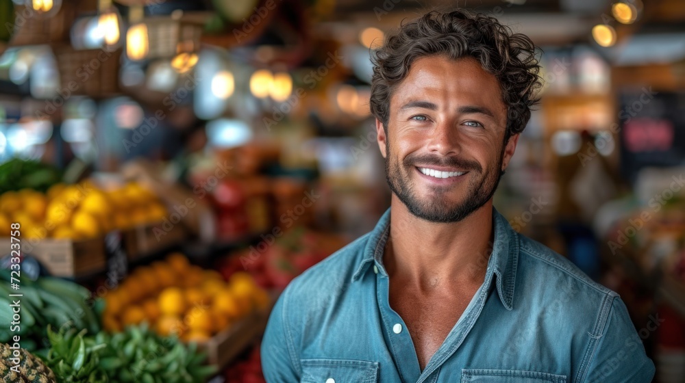 a man standing in front of a fruit and vegetable stand with a smile on his face in front of other fruits and vegetables in a market with a man in the background. a man standing in front of a fruit and vegetable stand with a smile on his face in front of other fruits and vegetables in a market with a man in the background.