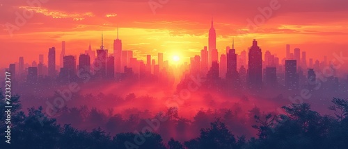  the sun is setting over a city with tall buildings in the foreground and trees in the foreground in the foreground, and a hazy sky filled with clouds.