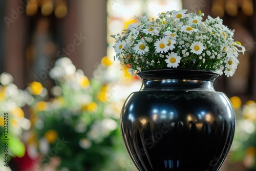 Funeral day in church black urn adorned with daisies and roses photo
