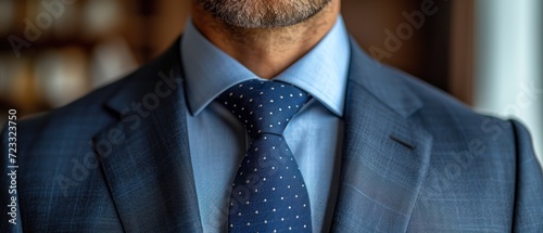  a close up of a man wearing a suit with a blue tie and a blue shirt with a white polka dot pattern and a blue shirt with a blue blazer. photo