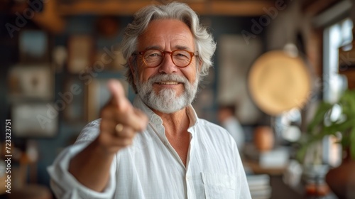  a man with a white beard and glasses gives a thumbs up sign while standing in a room with a potted plant and potted plant on the wall behind him.