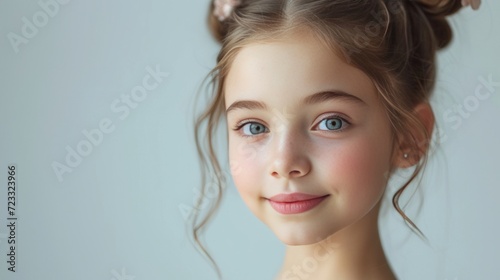 Beautiful young ballerina looking at the camera and smiling against a bright ...