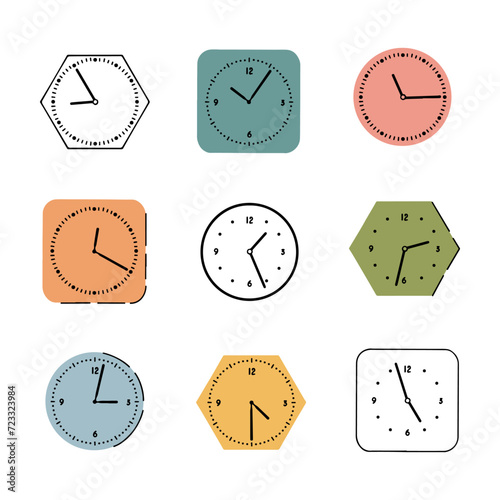 Set of doodle clock icons. Flat stock vector illustration.