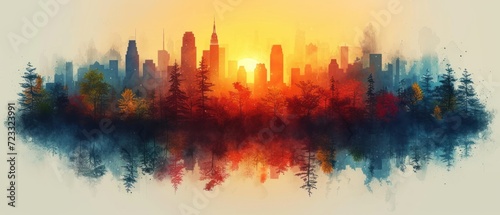  a painting of a cityscape with trees in the foreground and the sun in the background, with a yellow and blue sky in the middle of the background.