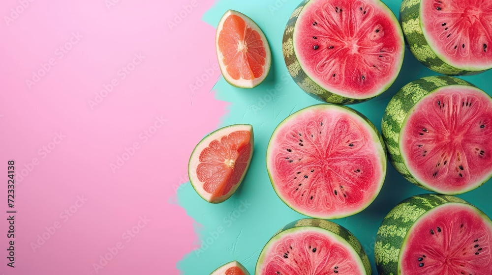 a group of slices of watermelon sitting on top of each other on a blue and pink surface next to a slice of watermelon on a pink background. a group of slices of watermelon sitting on top of each other on a blue and pink surface next to a slice of watermelon on a pink background.