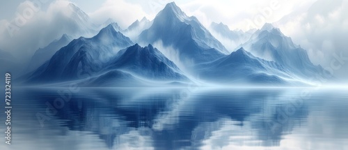  a painting of a mountain range with a lake in the foreground and a cloudy sky in the background, with a reflection of the mountain range in the water.