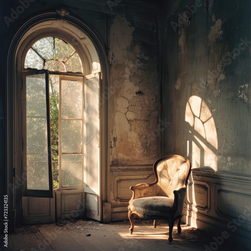 Generative AI illustration of late afternoon light streams through an open arched doorway onto an antique chair in a room with cracked walls photo