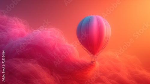 a hot air balloon flying through the air in a pink and red cloud filled sky with a bright orange and blue sky in the background and a red and pink hued.