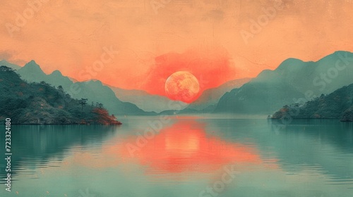  a painting of a sunset over a body of water with mountains in the background and a full moon in the sky with a red and orange hue overcast sky.