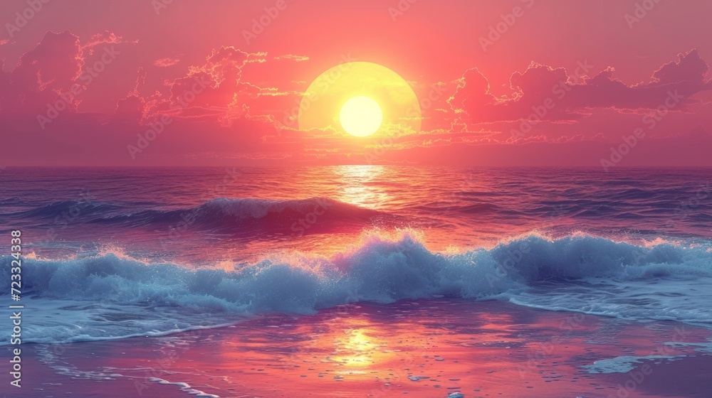  a painting of a sunset over a body of water with a wave coming towards the shore and the sun rising over the horizon of the ocean with a pink and orange sky.