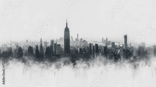  a black and white photo of a cityscape with fog in the foreground and a black and white photo of a cityscape in the middleground.