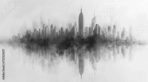  a black and white photo of a city on a foggy day with a large body of water in the foreground and a few skyscrapers in the background.