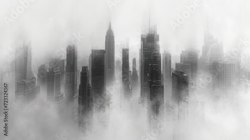  a black and white photo of a city with skyscrapers covered in fog and smoggy clouds in the foreground is a black and white photo of a black and white background. photo