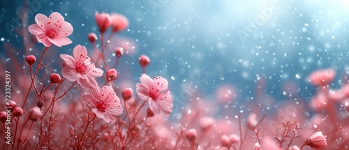  a bunch of pink flowers that are on a blue and pink background with drops of water on the top of the flowers and the bottom of the flowers are pink petals.