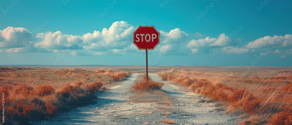  a red stop sign sitting on the side of a dirt road in the middle of a dry grass covered field under a blue sky with white fluffy puffy clouds. - obrazy, fototapety, plakaty 