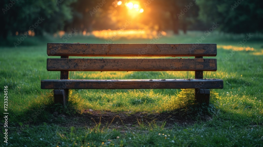 a wooden bench sitting in the middle of a field of green grass with the sun shining through the trees behind it and a field of grass and trees in the background. a wooden bench sitting in the middle of a field of green grass with the sun shining through the trees behind it and a field of grass and trees in the background.