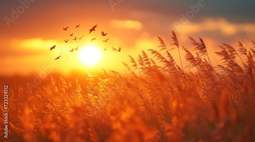  a sunset with a flock of birds flying over a field of tall grass in the foreground and the sun in the distance with a few clouds in the sky.