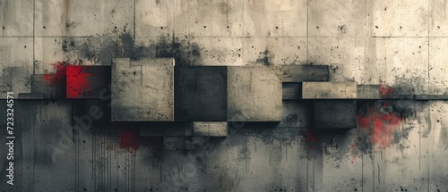  a piece of art that looks like it is made out of concrete blocks with red paint splatters all over the sides of it and on the side of the wall.