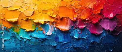  a close up of a multicolored painting with lots of drops of paint on the paintbrushes and the color of the paint is red, yellow, blue, green photo