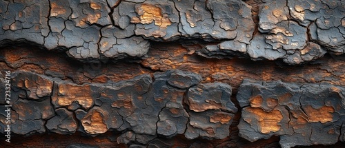  a close up of the bark of a tree that has been painted black and gold with brown streaks of light from the sun shining on the bark of the bark.