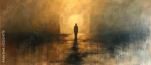  a painting of a person standing in the middle of a dark, foggy, yellow, and black area with a light at the end of the end of the tunnel.