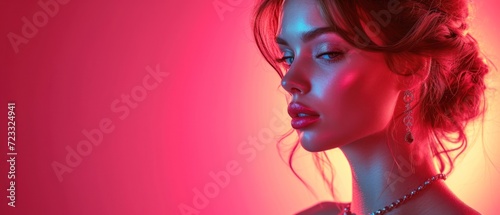  a close up of a woman wearing a necklace and a necklace on her neck, with a red light behind her and a pink background with a woman's face. © Jevjenijs