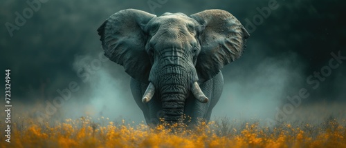  an elephant with tusks standing in a field of tall grass with yellow flowers in the foreground and a forest in the background with trees and yellow flowers in the foreground. photo
