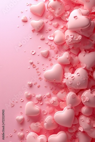 Beautiful delicate pink background with frame of voluminous 3D hearts and ple...