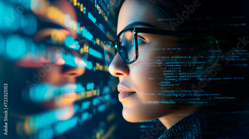 A female IT professional wearing glasses is immersed in analyzing code and data holograms. She researches programming, cybersecurity, and cyber security. Generative AI photo