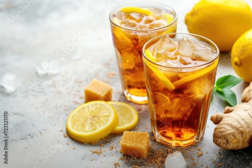 Glasses of iced tea with lemon ginger brown sugar and space for text