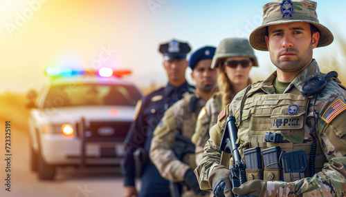 Texas national guard. Portrait of a border patrol agent and a Texas trooper and a Police officer standing out background of a cop car photo