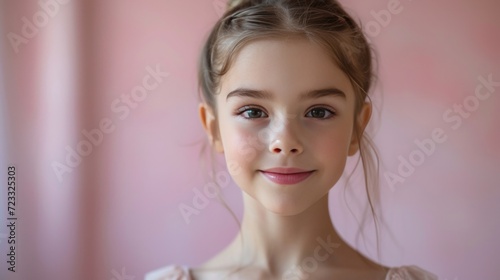 Beautiful young ballerina looking at the camera and smiling against a bright ...