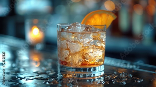  a close up of a glass of ice with a slice of orange on the edge of the glass and a lit candle in the back ground in front of the glass.