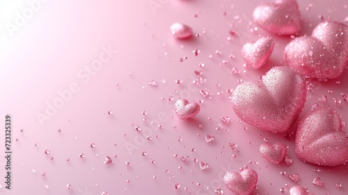 Beautiful delicate pink background with frame of voluminous 3D hearts and ple...