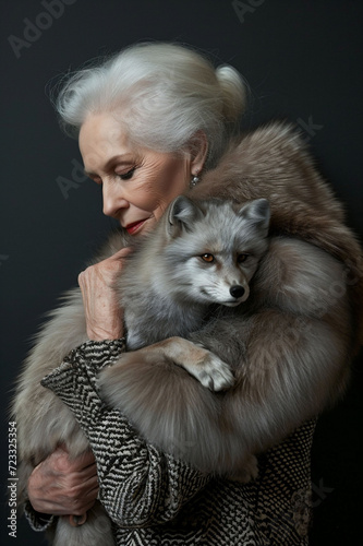 An elegant elderly woman in a houndstooth dress holds a grey fox  both against a dark background. timeless beauty  wildlife care  animal saving and bond with humans.
