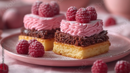 a plate topped with a piece of cake covered in frosting and raspberries next to a couple of raspberries on top of a pink table cloth.